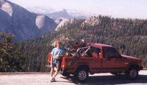 Self portrait - Driving back from Mammoth on Tioga Pass overlooking Yosemite valley - 1997 (193K)